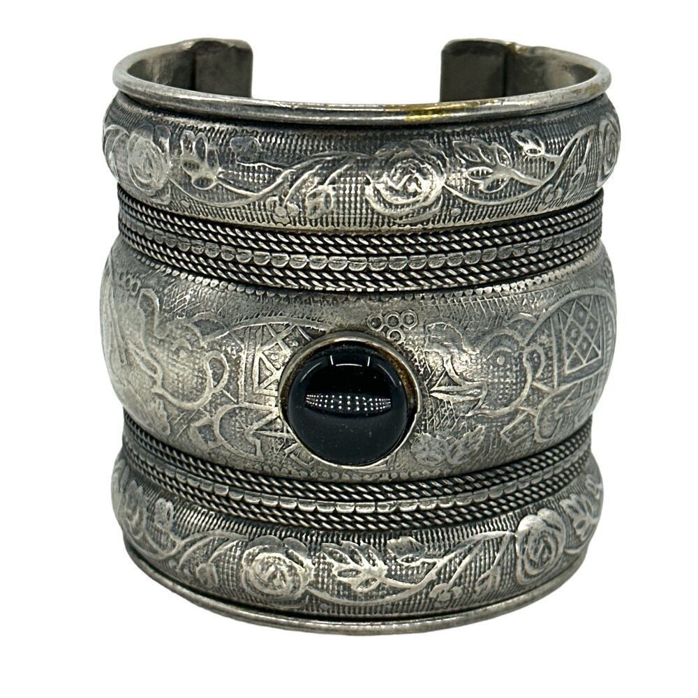 Silver Plated Elephant Cuff Bracelet Floral Etched Black Cabochon Wide Bohemian
